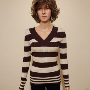 No Boundaries Brown/Tan Striped V-Neck Long Sleeve Sweater Size M(7-9) NWOT